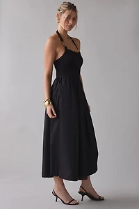 En Saison Leah Mixed Media O-Ring Halter Midi Dress