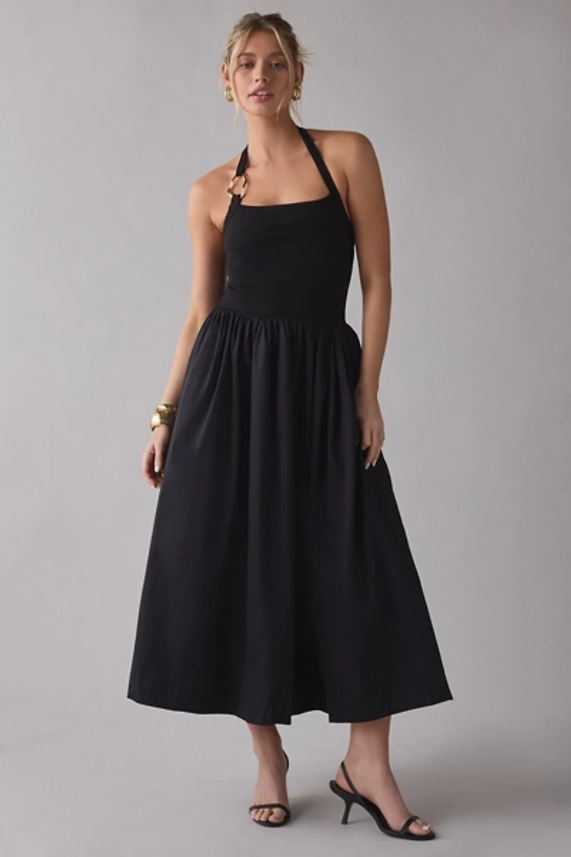 En Saison Leah Mixed Media O-Ring Halter Midi Dress