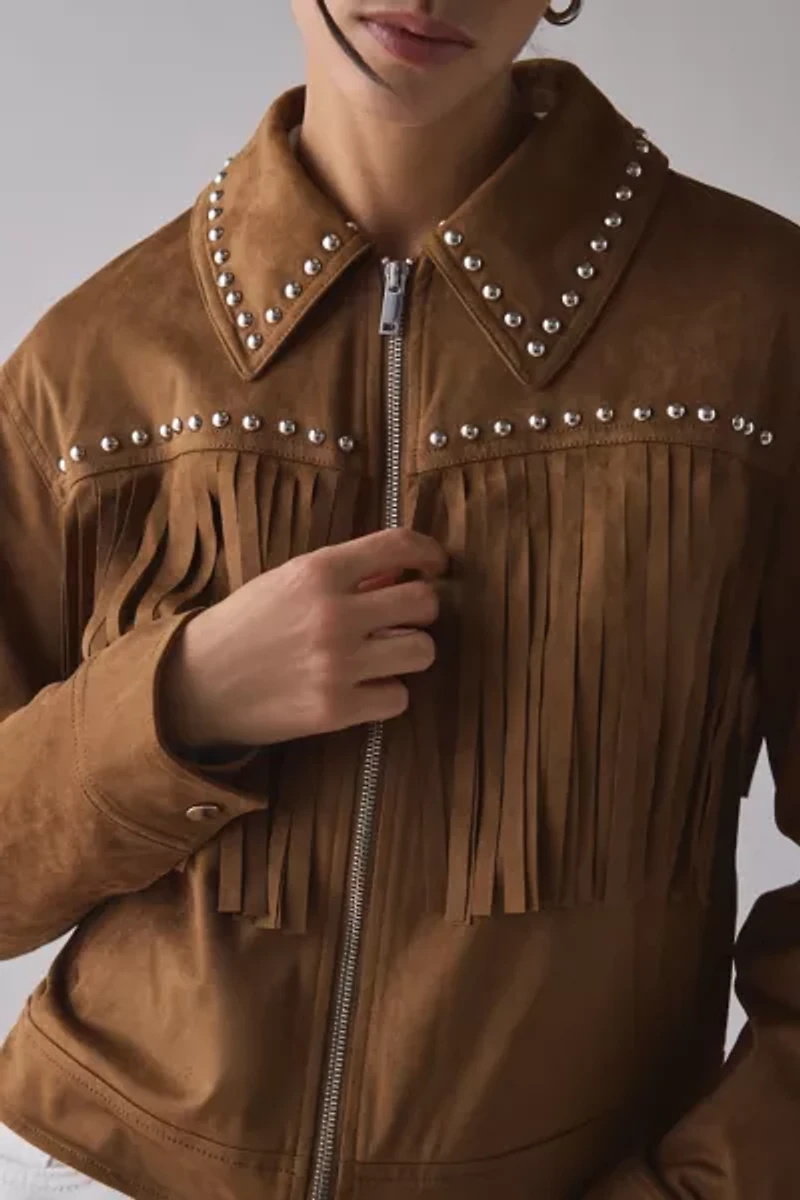 Glamorous Freya Studded Faux Suede Fringe Jacket