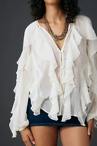 Glamorous Sheer Cascading Ruffle Long Sleeve Blouse