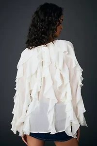 Glamorous Sheer Cascading Ruffle Long Sleeve Blouse