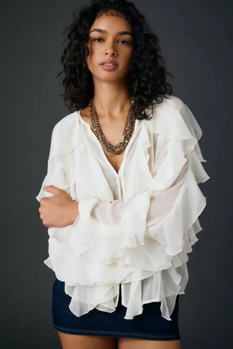 Glamorous Sheer Cascading Ruffle Long Sleeve Blouse