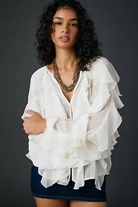 Glamorous Sheer Cascading Ruffle Long Sleeve Blouse