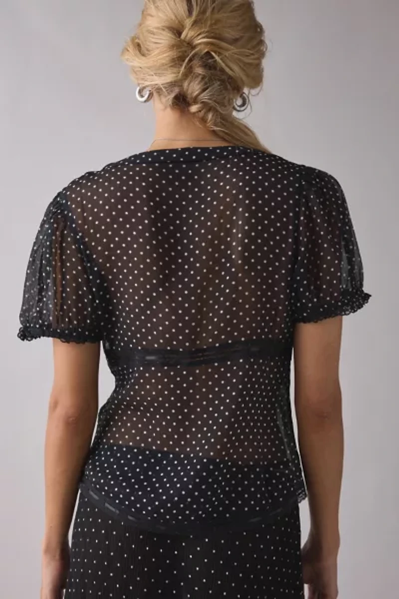UO Mitchelle Semi-Sheer Polka Dot Chiffon Puff Sleeve Blouse