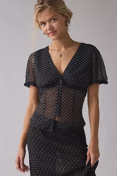 UO Mitchelle Semi-Sheer Polka Dot Chiffon Puff Sleeve Blouse
