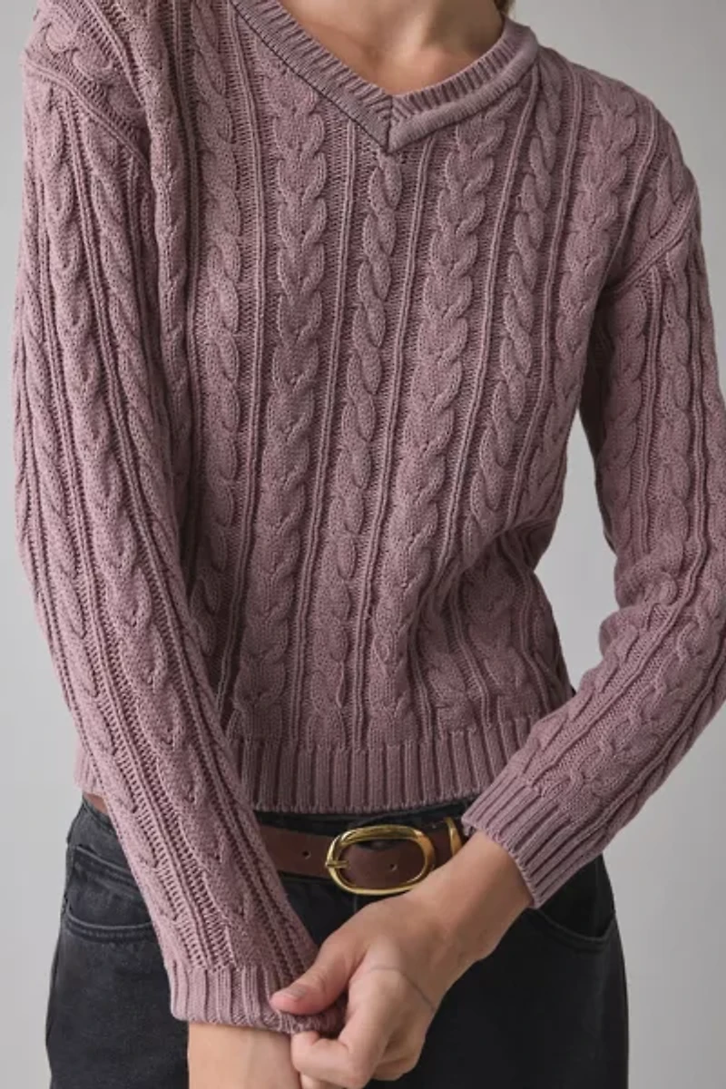 Vintage By UO Bleached Cable Knit V-Neck Sweater