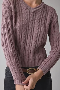 Vintage By UO Bleached Cable Knit V-Neck Sweater