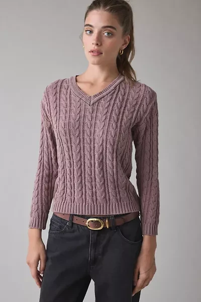 Vintage By UO Bleached Cable Knit V-Neck Sweater
