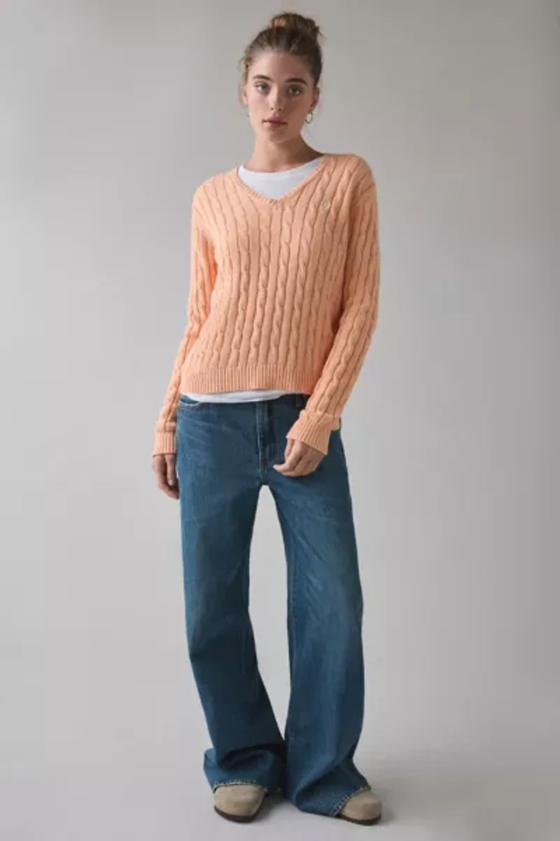 Vintage By UO Bleached Cable Knit V-Neck Sweater