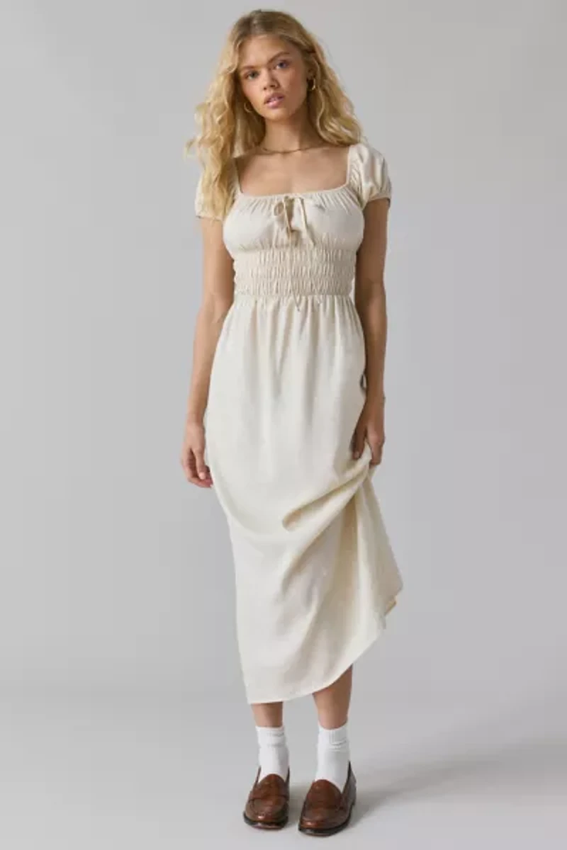 ReMADE By UO Made LA EcoVero™ Linen Smocked Milkmaid Midi Dress