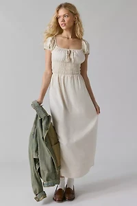 ReMADE By UO Made LA EcoVero™ Linen Smocked Milkmaid Midi Dress