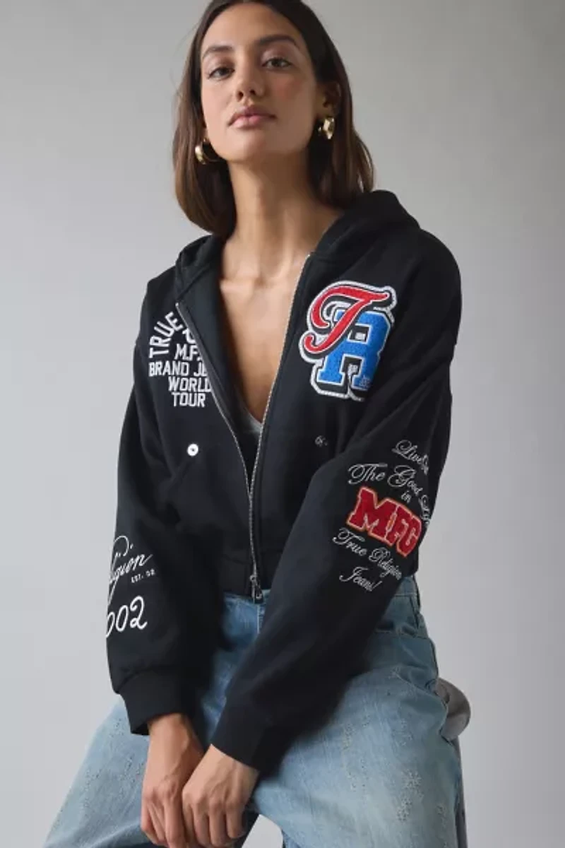 True Religion Crystal Patched Graphic Zip-Up Hoodie Sweatshirt