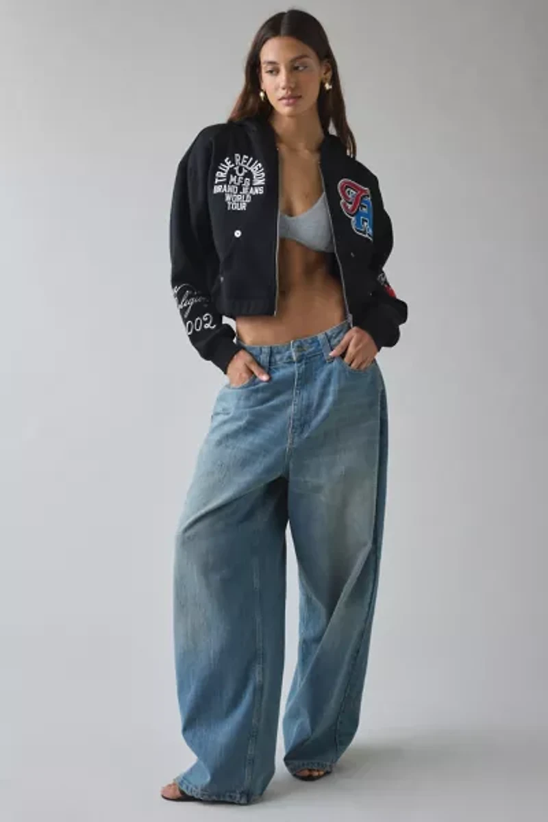 True Religion Crystal Patched Graphic Zip-Up Hoodie Sweatshirt