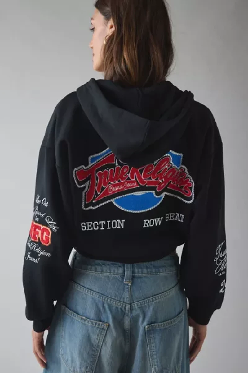 True Religion Crystal Patched Graphic Zip-Up Hoodie Sweatshirt