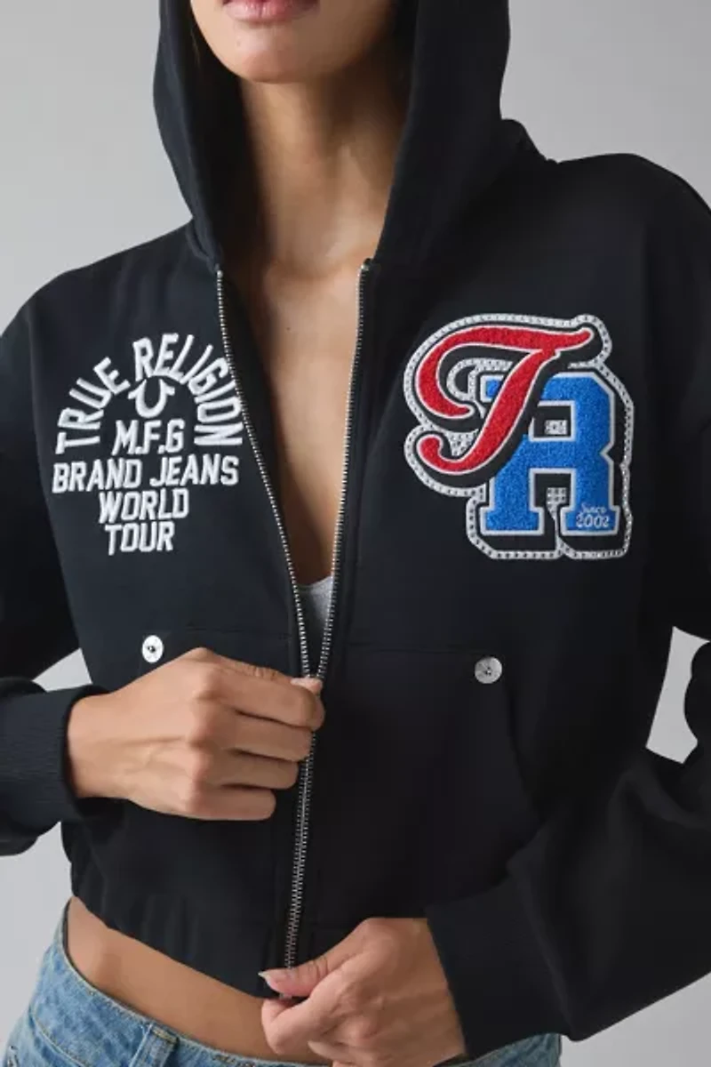 True Religion Crystal Patched Graphic Zip-Up Hoodie Sweatshirt
