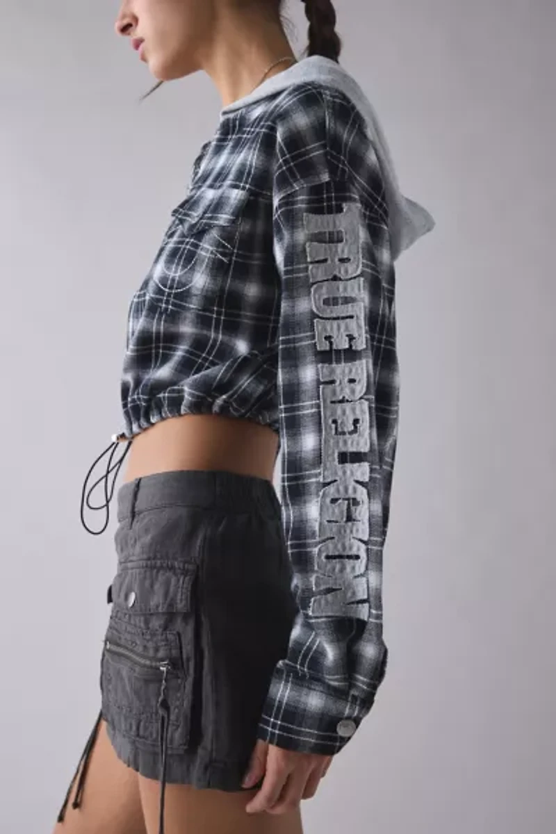 True Religion Applique Shrunken Flannel Zip-Up Hoodie Sweatshirt