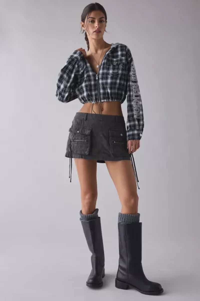 True Religion Applique Shrunken Flannel Zip-Up Hoodie Sweatshirt