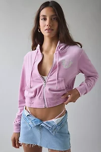 True Religion Crystal Graphic Velour Cropped Zip-Up Hoodie Sweatshirt