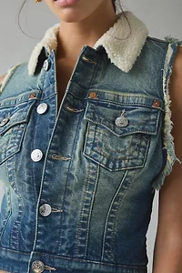 True Religion Fleece Trimmed Shrunken Denim Vest