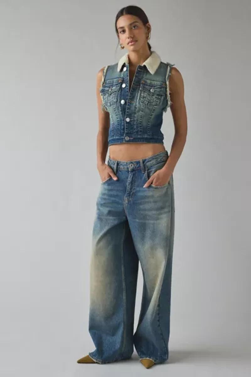 True Religion Fleece Trimmed Shrunken Denim Vest