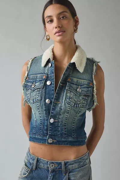 True Religion Fleece Trimmed Shrunken Denim Vest