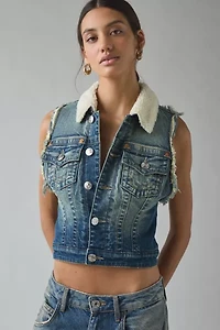 True Religion Fleece Trimmed Shrunken Denim Vest