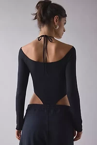 True Religion Crystal Graphic Halter Tie Long Sleeve Bodysuit