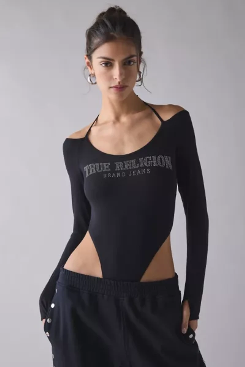 True Religion Crystal Graphic Halter Tie Long Sleeve Bodysuit