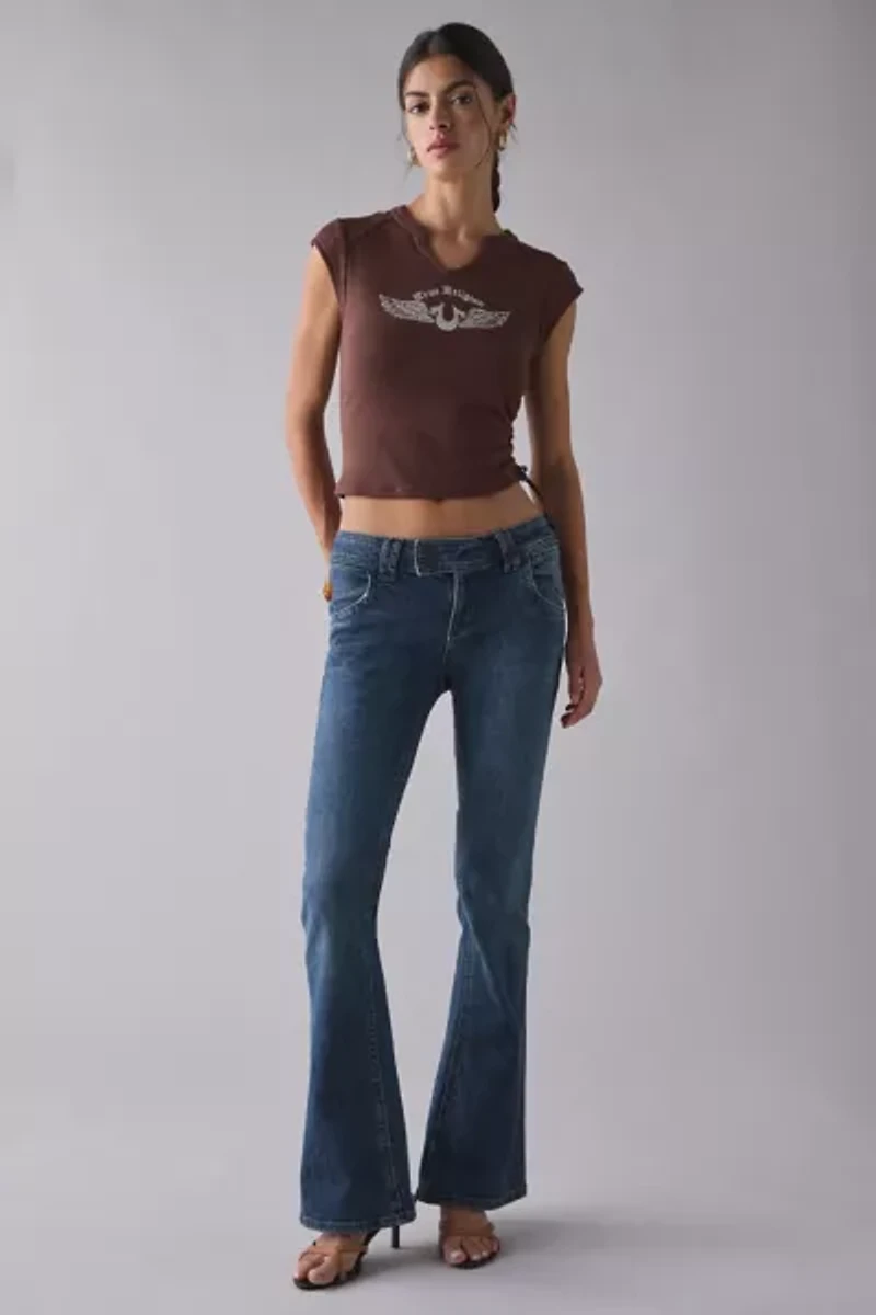 True Religion Crystal Graphic V-Notch Side Ruched Baby Tee