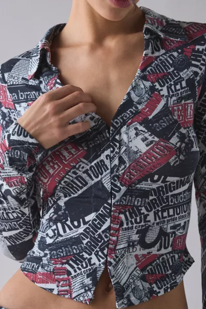 True Religion World Tour Print Long Sleeve Button-Up Top