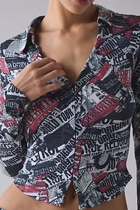 True Religion World Tour Print Long Sleeve Button-Up Top