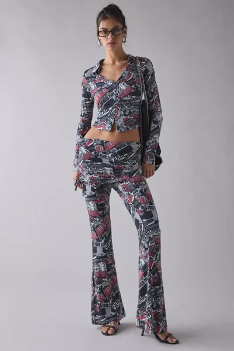 True Religion World Tour Print Long Sleeve Button-Up Top