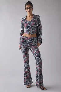 True Religion World Tour Print Long Sleeve Button-Up Top