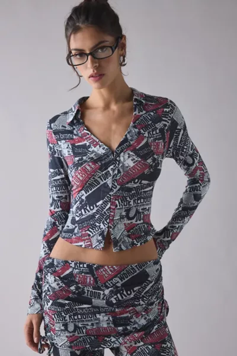 True Religion World Tour Print Long Sleeve Button-Up Top