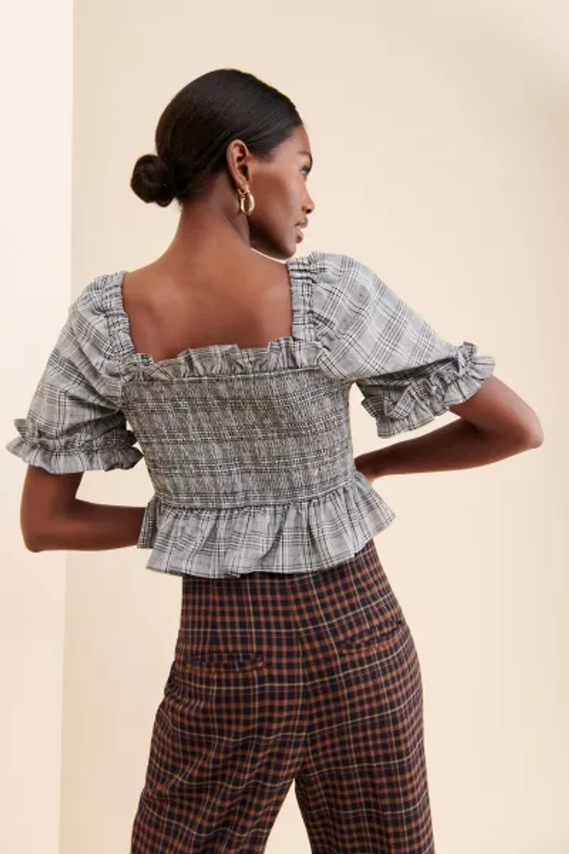 English Factory Plaid Smocked Top