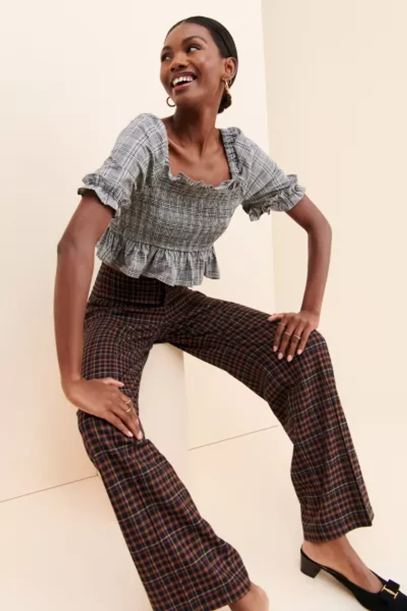 English Factory Plaid Smocked Top