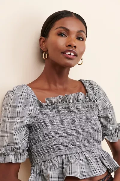 English Factory Plaid Smocked Top