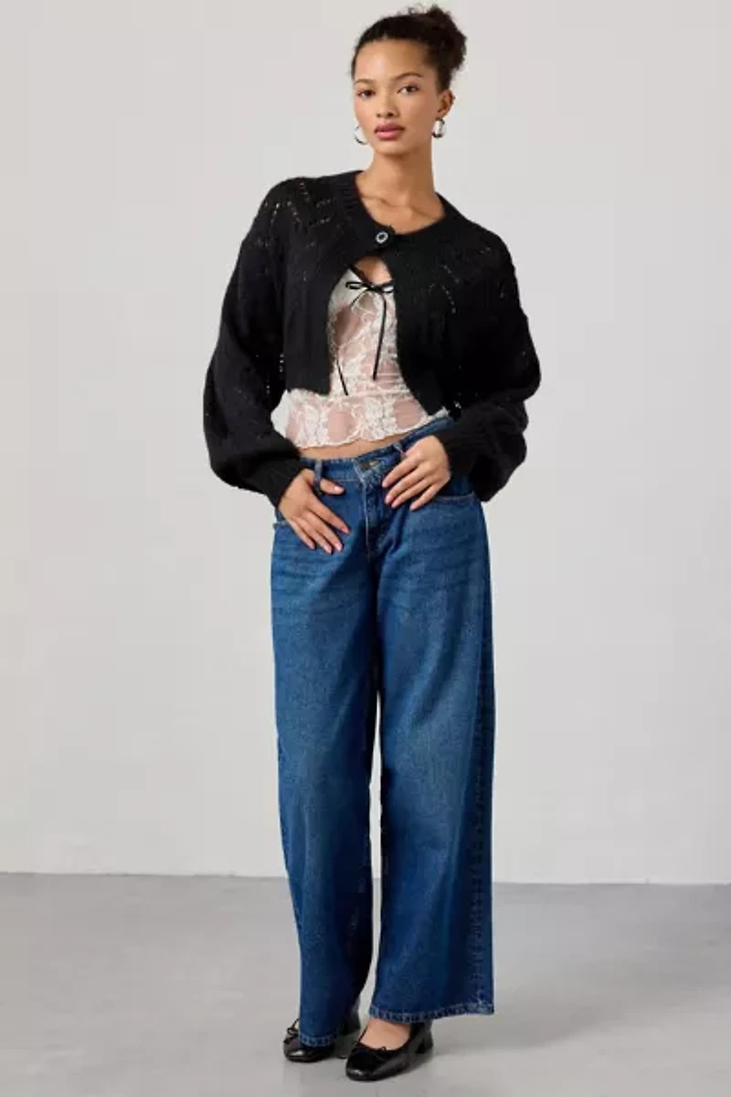 Kimchi Blue Pointelle Knit Tie-Back Cropped Shrug Cardigan