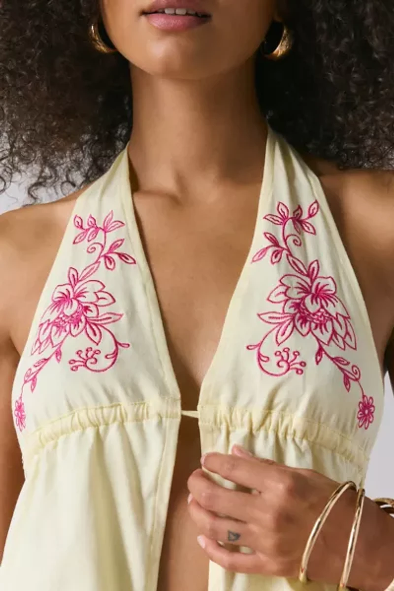 Motel Kayria Floral Embroidered Open Tie-Back Halter Top