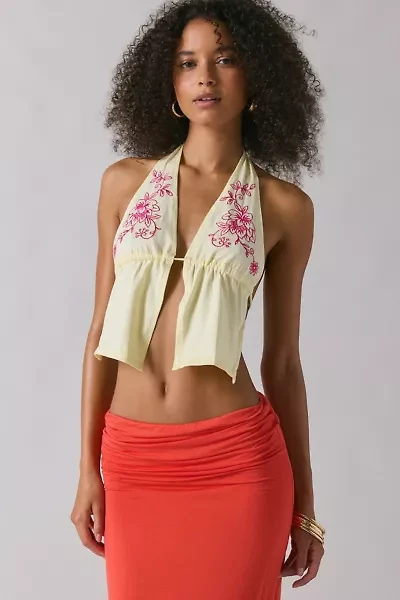 Motel Kayria Floral Embroidered Open Tie-Back Halter Top
