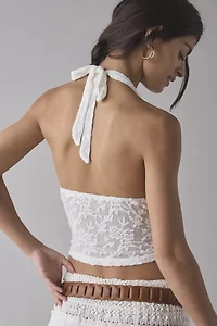 Motel Cosimo Jacquard Semi-Sheer Lace Cropped Halter Top