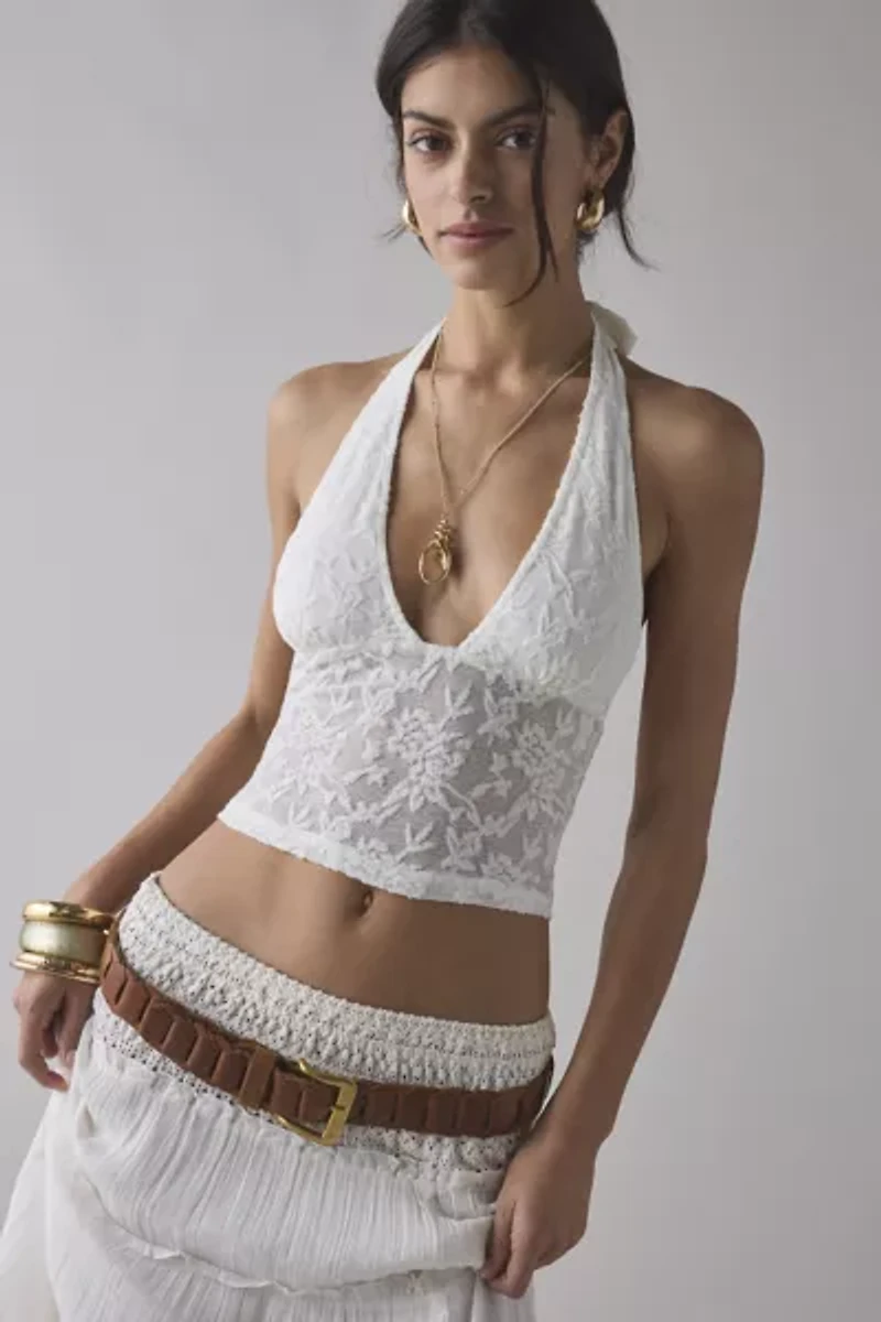 Motel Cosimo Jacquard Semi-Sheer Lace Cropped Halter Top