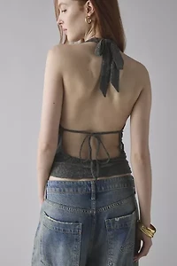 Motel Yukari Jacquard Lace Plunging Cowl Halter Top
