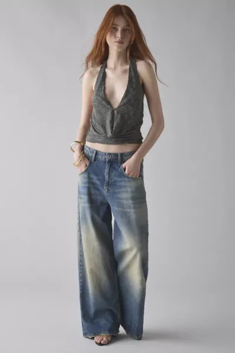 Motel Yukari Jacquard Lace Plunging Cowl Halter Top