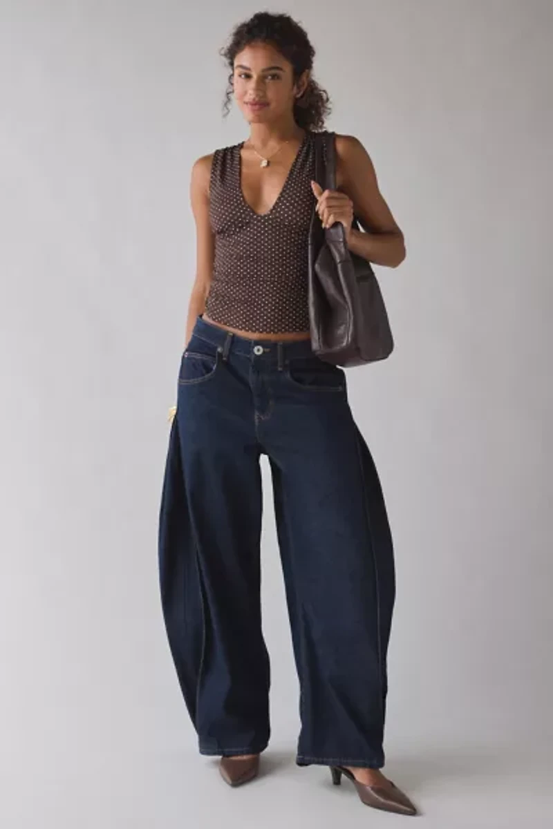 Motel Lycia Polka Dot Plunge Cropped Tank Top
