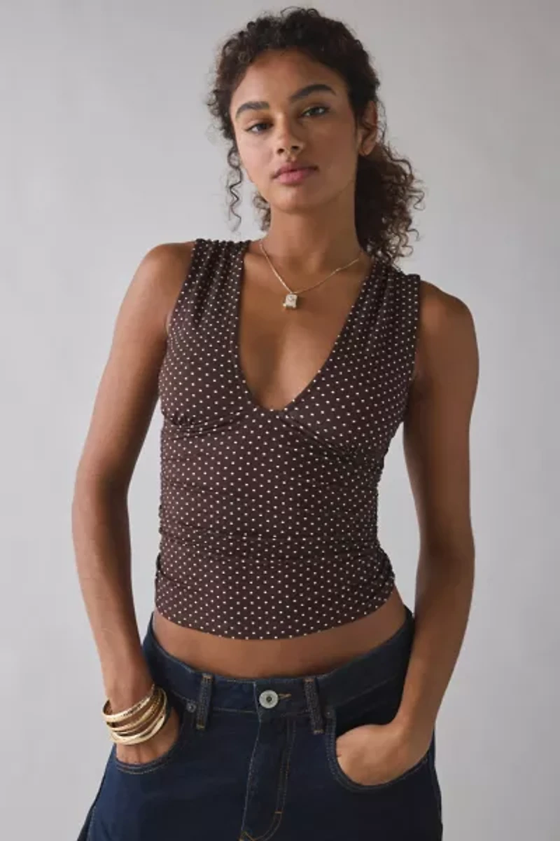 Motel Lycia Polka Dot Plunge Cropped Tank Top