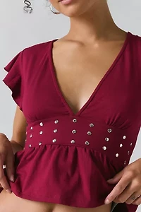 Motel Leisma Plunging Studded Frill Peplum Top