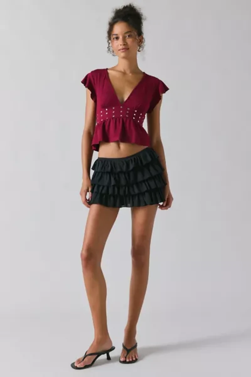 Motel Leisma Plunging Studded Frill Peplum Top