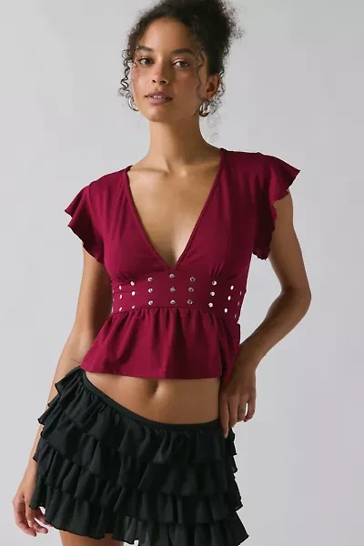 Motel Leisma Plunging Studded Frill Peplum Top
