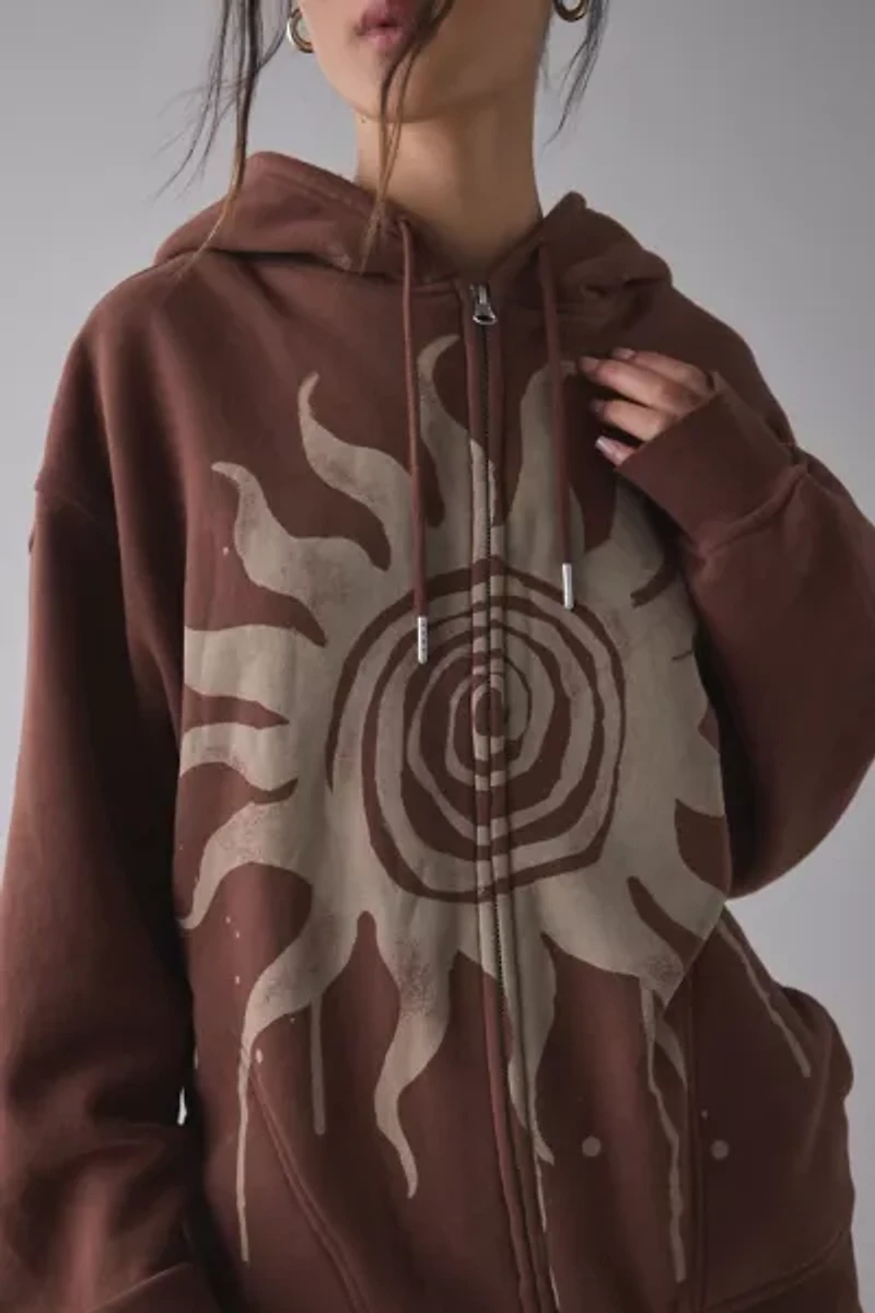 BDG Dusty Bleached Sun Graphic Oversized Zip-Up Hoodie Sweatshirt